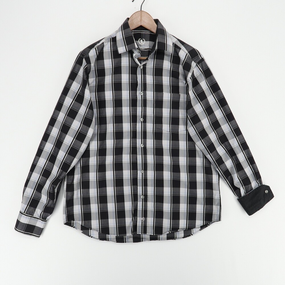 Bugatchi Uomo Shirt Mens Medium Black Gray Plaid Classic Long Sleeve Flip Cuff
